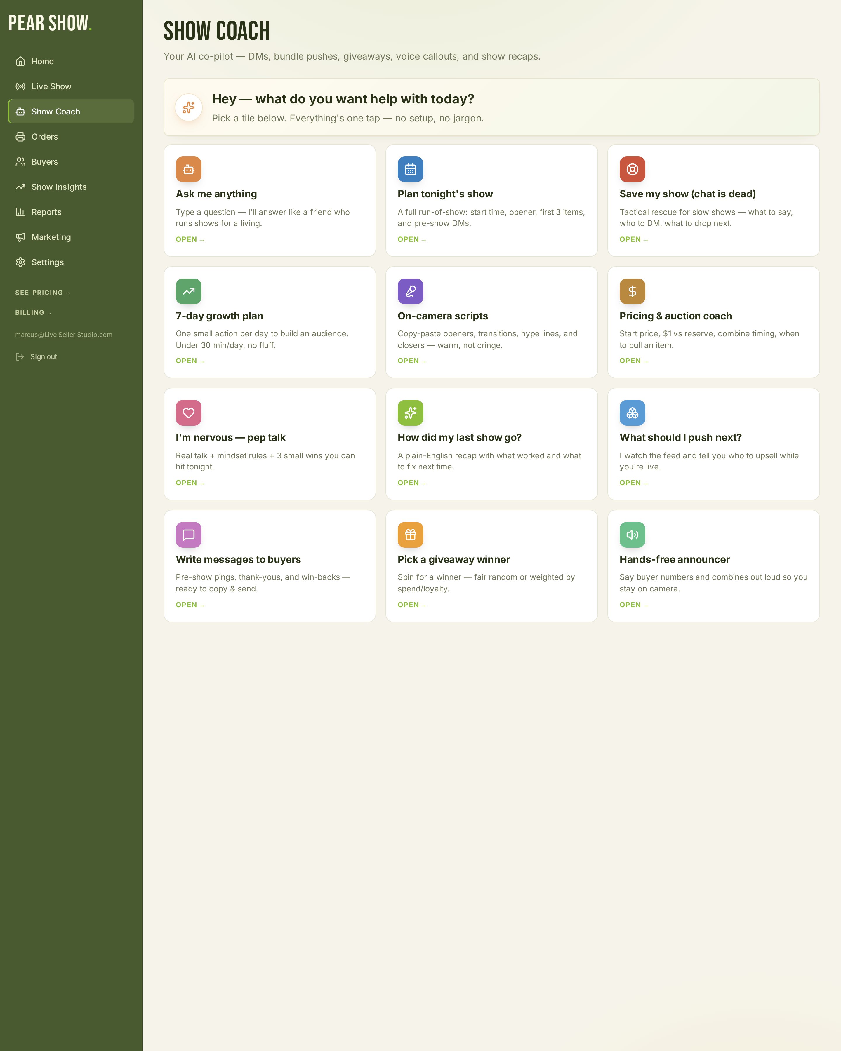 PearShow Show Coach interface preview
